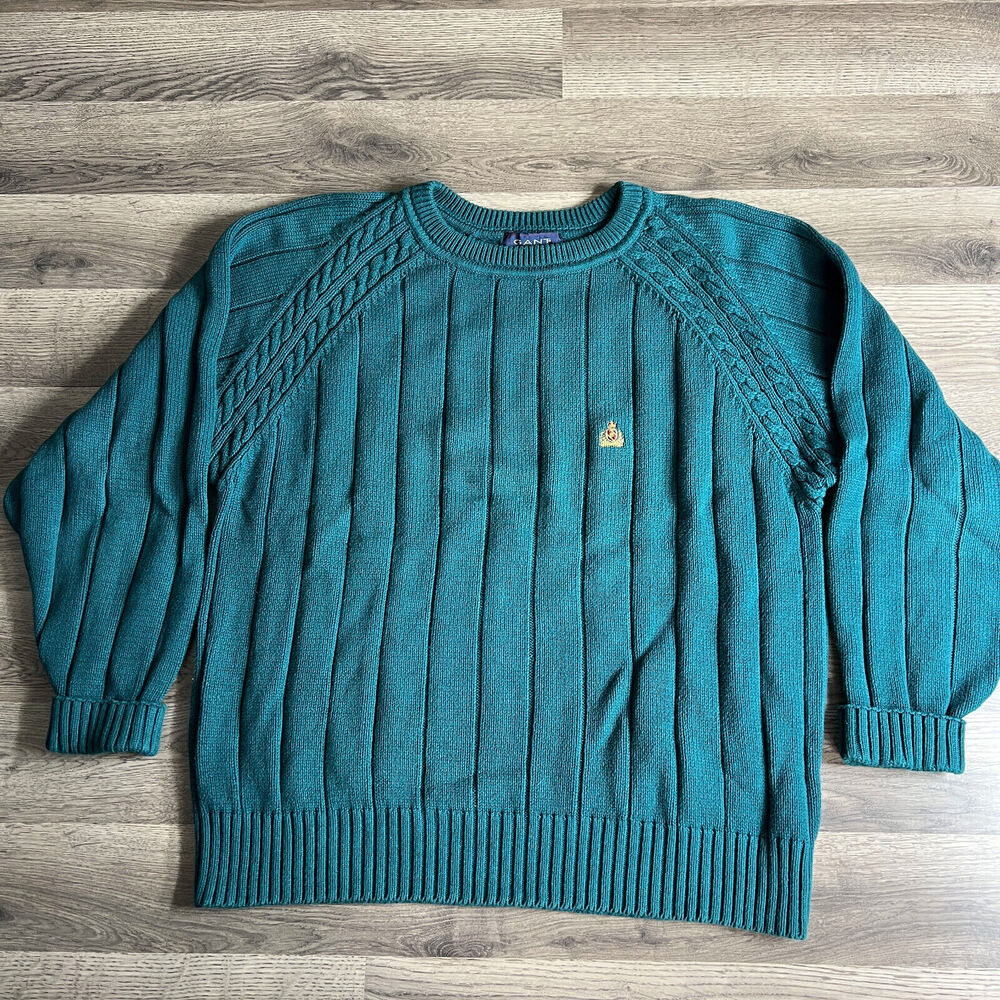 VTG Gant Sweater Fits Medium Crest Cable Knit Raglan Sleeve 90s Green Old Money